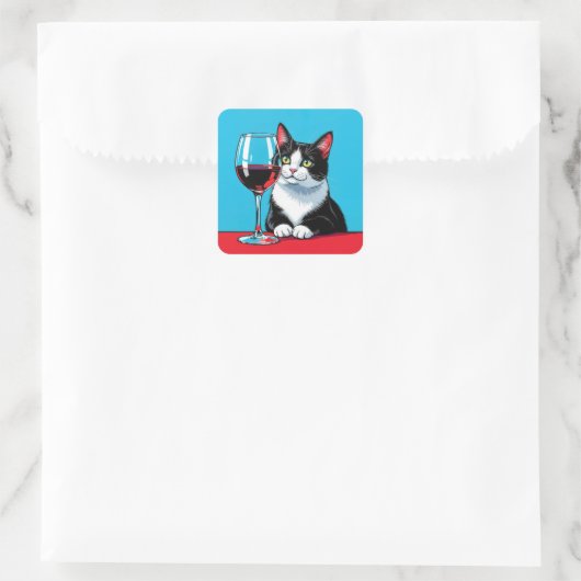 Tuxedo Cat With Red Wine Vierkante Sticker (Tas)