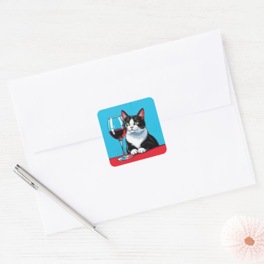 Tuxedo Cat With Red Wine Vierkante Sticker (Envelop)