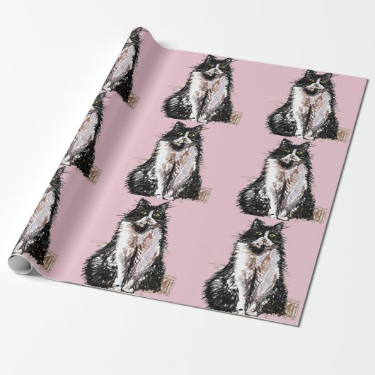 Tuxedo Cat Zwart-Wit Katten Baby Roze Cadeaupapier (Uitgerold)
