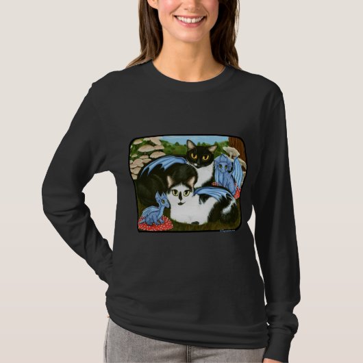 Tuxedo Cats Blue Dragons Mushrooms Fantasy Shirt (Voorkant)