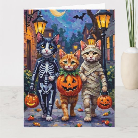 Tuxedo Cats Trick-or-Treating in Halloween Costume Kaart (Voorkant)