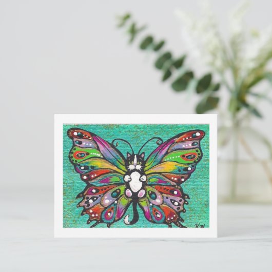 Tuxedo Catterfly Cat/Butterfly Whimsical Fantasy Briefkaart (Staand voorkant)