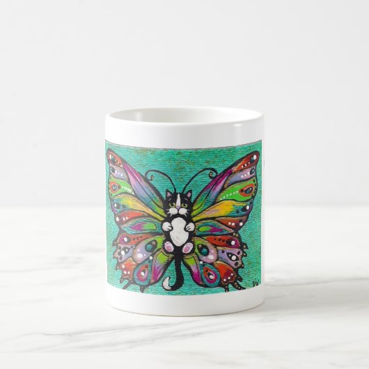 Tuxedo Catterfly Cat/Butterfly Whimsical Fantasy Koffiemok (Center)