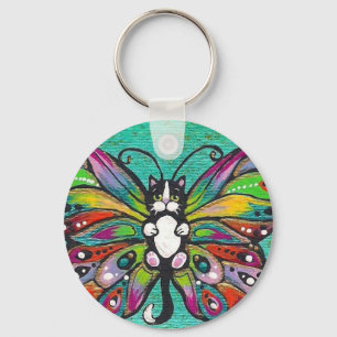 Tuxedo Catterfly Cat/Butterfly Whimsical Fantasy Sleutelhanger