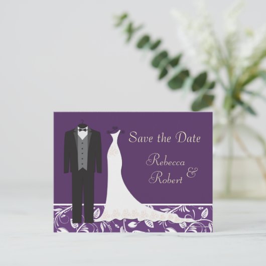 Tuxedo en Gown Wedding Save the Date Briefkaart (Staand voorkant)
