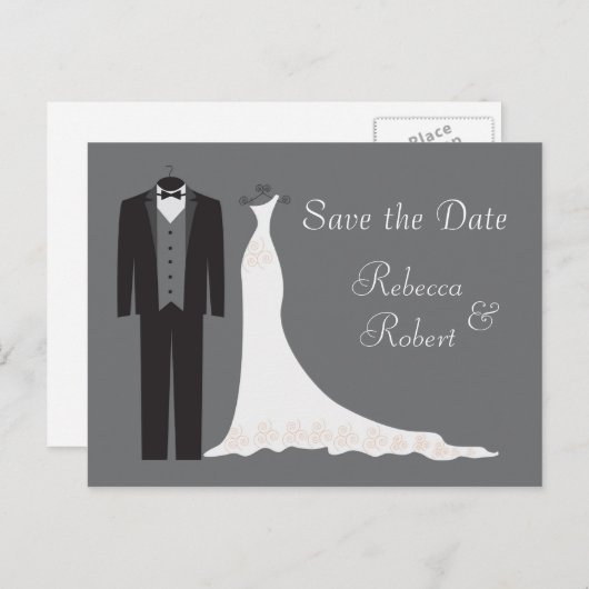 Tuxedo en Gown Wedding Save the Date Briefkaart (Voorkant / Achterkant)