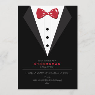 Tuxedo en Red Bow Stropdas Groomsman Request Card Kaart