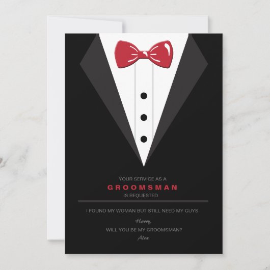 Tuxedo en Red Bow Stropdas Groomsman Verzoek Kaart (Voorkant)