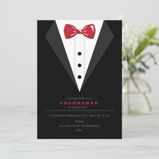 Tuxedo en Red Bow Stropdas Groomsman Verzoek Kaart (Staand voorkant)