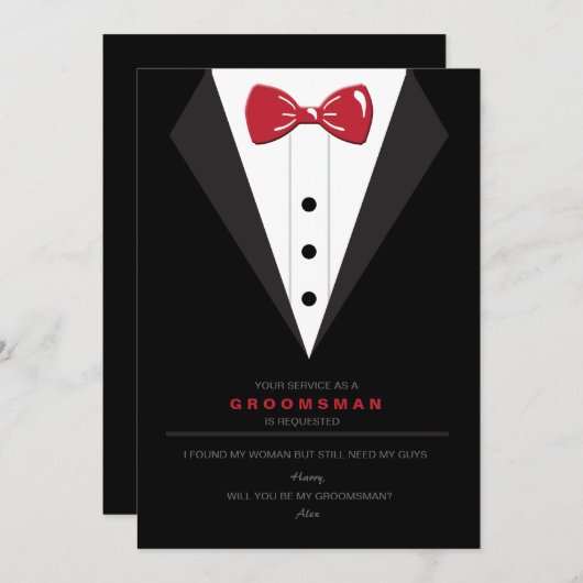 Tuxedo en Red Bow Stropdas Groomsman Verzoek Kaart (Voorkant / Achterkant)