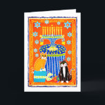 Tuxedo en Tabby Cat Celebrate Hanukkah Feestdagen Kaart<br><div class="desc">Een zwarte en witte tuxedo kat en een oranje kat vieren Hanukkah met een menorah,  een droidel en een gelt van Hanukkah. Blank binnen in afwachting van je speciale bericht!</div>