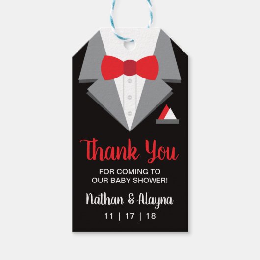 Tuxedo Favor Tag, Baby shower Label Cadeaulabel (Voorkant)