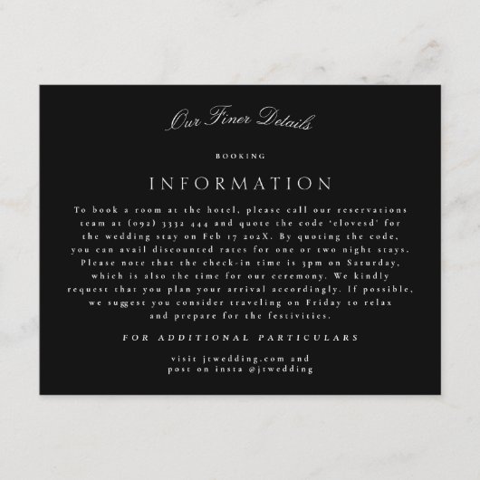 Tuxedo formele klassieke kalligrafie bruiloft deta informatiekaartje (Voorkant)