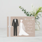 Tuxedo-garnaal en duiven 0n oranje bruin huwelijk kaart (Staand voorkant)