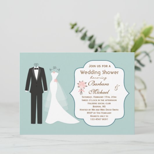 Tuxedo & Gown Couple's Bridal Shower Invitation Kaart (Staand voorkant)