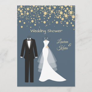 Tuxedo & Gown, gouden confetti, enkele douche Kaart
