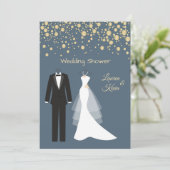 Tuxedo & Gown, gouden confetti, paar douche Kaart (Staand voorkant)