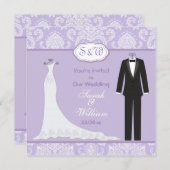Tuxedo & Gown on lavender lila damask Wedding Kaart (Voorkant / Achterkant)