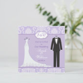 Tuxedo & Gown on lavender lila damask Wedding Kaart (Staand voorkant)