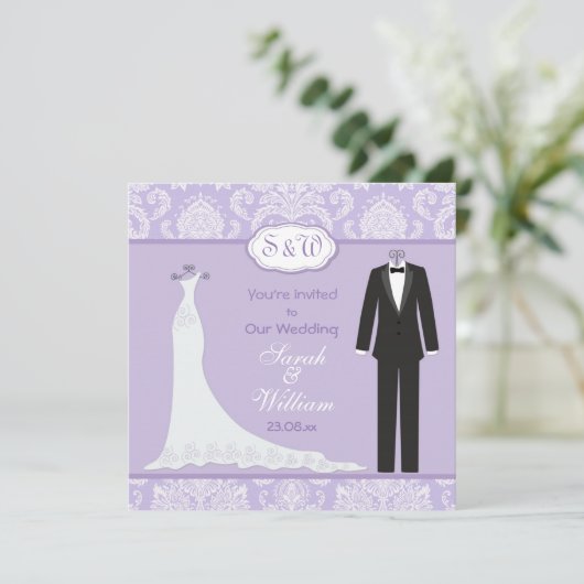 Tuxedo & Gown on lavender lila damask Wedding Kaart (Staand voorkant)