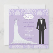 Tuxedo & Gown on lavender lila damask Wedding Kaart (Voorkant)