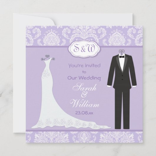 Tuxedo & Gown on lavender lila damask Wedding Kaart (Voorkant)