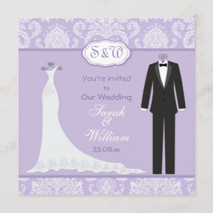 Tuxedo & Gown on lavender lila damask Wedding Kaart