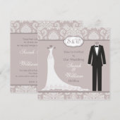Tuxedo & Gown op roze grijze damast Trouwen Kaart (Voorkant / Achterkant)