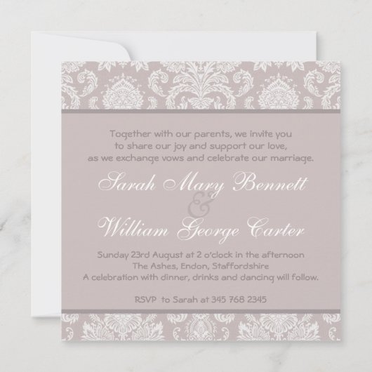 Tuxedo & Gown op roze grijze damast Trouwen Kaart (Achterkant)