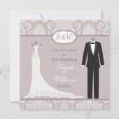 Tuxedo & Gown op roze grijze damast Trouwen Kaart (Voorkant)