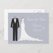 Tuxedo, Gown op zilverblauw Save the Date Briefkaa Aankondigingskaart (Voorkant / Achterkant)