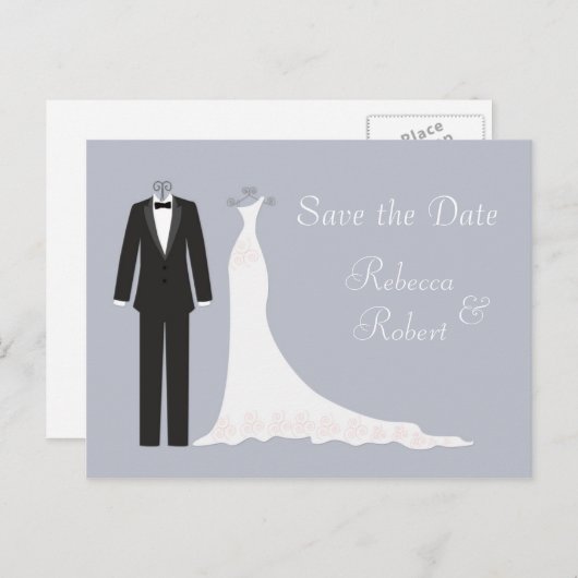 Tuxedo, Gown op zilverblauw Save the Date Briefkaa Aankondigingskaart (Voorkant / Achterkant)