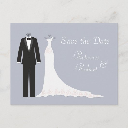 Tuxedo, Gown op zilverblauw Save the Date Briefkaa Aankondigingskaart (Voorkant)