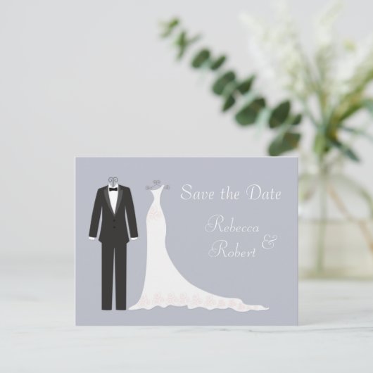 Tuxedo, Gown op zilverblauw Save the Date Briefkaa Aankondigingskaart (Staand voorkant)