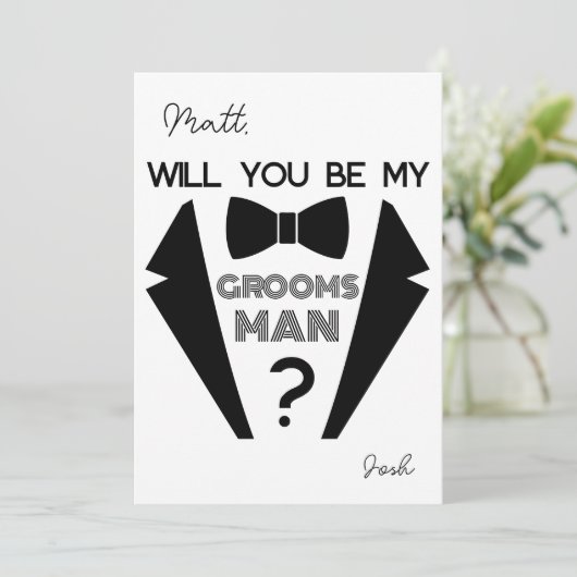 Tuxedo groomsmen zwart-wit voorstel kaart (Staand voorkant)