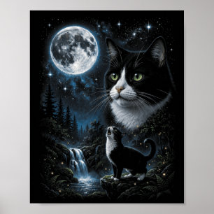 Tuxedo jankt naar maan 90s Retro Natuur Bos Kat Poster