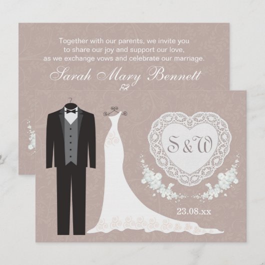 Tuxedo-jurk, hart op beige grijze bruiloft kaart (Voorkant / Achterkant)