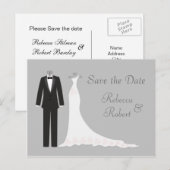 Tuxedo, jurk op zilveren Save the Date-ansichtkaar Aankondigingskaart (Voorkant / Achterkant)