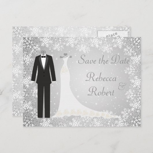 Tuxedo, jurk, sneeuwvlokken Save the Date-ansichtk Aankondigingskaart (Voorkant / Achterkant)