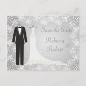 Tuxedo, jurk, sneeuwvlokken Save the Date-ansichtk Aankondigingskaart (Voorkant)