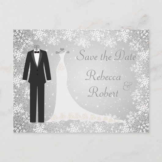 Tuxedo, jurk, sneeuwvlokken Save the Date-ansichtk Aankondigingskaart (Voorkant)