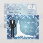 Tuxedo, jurk, sneeuwvlokken Save the Date ansichtk Aankondigingskaart (Voorkant / Achterkant)