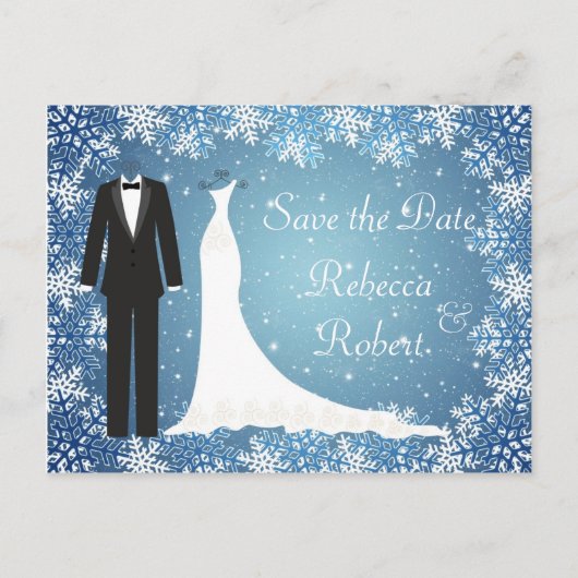 Tuxedo, jurk, sneeuwvlokken Save the Date ansichtk Aankondigingskaart (Voorkant)