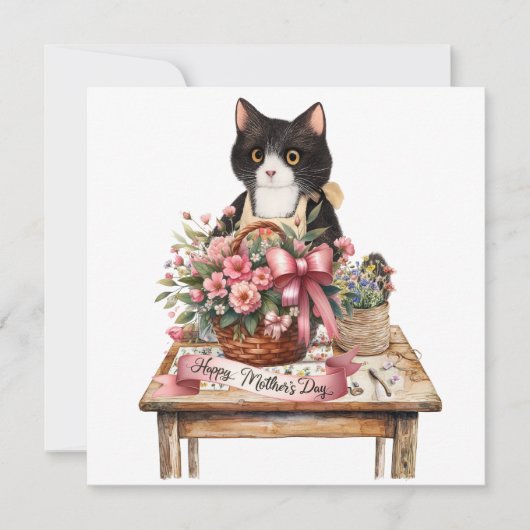 Tuxedo kat arrangeert bloemen Moederdag Feestdagenkaart (Voorkant)