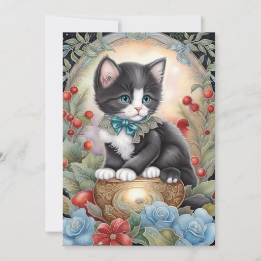 Tuxedo Kat Art Nouveau bloem Feestdagenkaart (Voorkant)