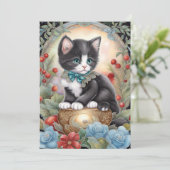 Tuxedo Kat Art Nouveau bloem Feestdagenkaart (Staand voorkant)
