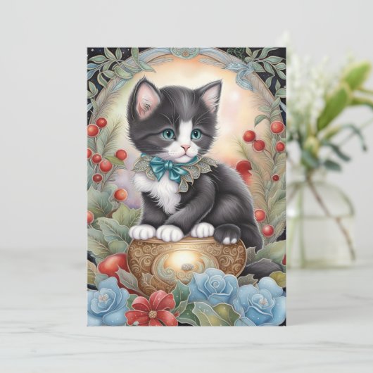 Tuxedo Kat Art Nouveau bloem Feestdagenkaart (Staand voorkant)