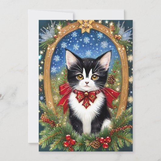 Tuxedo Kat Art Nouveau Vintage Kerstmis Feestdagenkaart (Voorkant)
