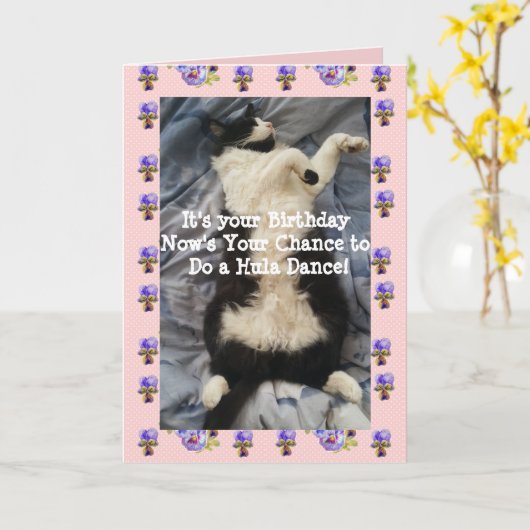 Tuxedo Kat Cute Grappige Hula Dans Kaarten (Gele Bloem)