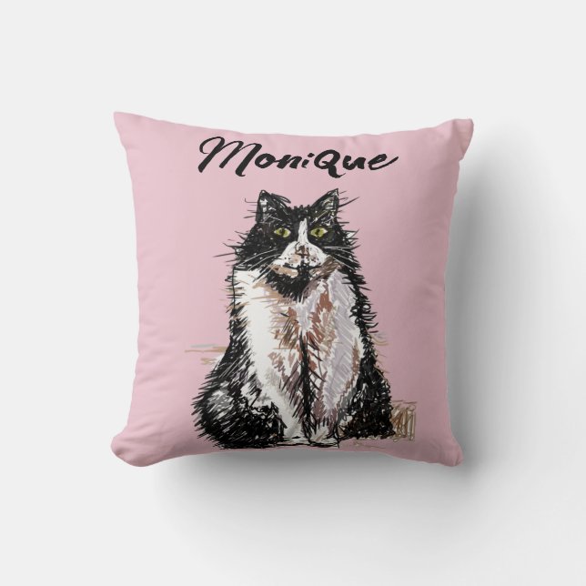 Tuxedo Kat Cute Katten Zwart Wit Pastel Roze Kussen (Voorkant)